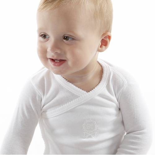 Body bebé manga larga con bordado DUNIA blanco fotografiado de cerca