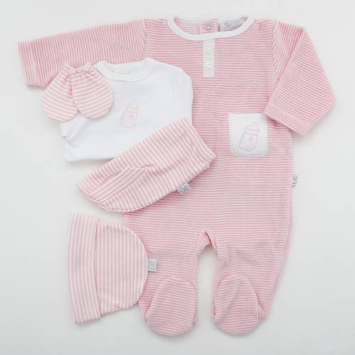 Pack recién nacido de primera puesta para bebé de camiseta con ranita bordada en color rosa, gorrito, manoplas y pijama de terci