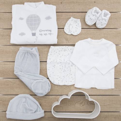 Pack recién nacido de primera puesta para bebé de camiseta y ranita estampadas gris con manoplas, gorro y patucos a juego.