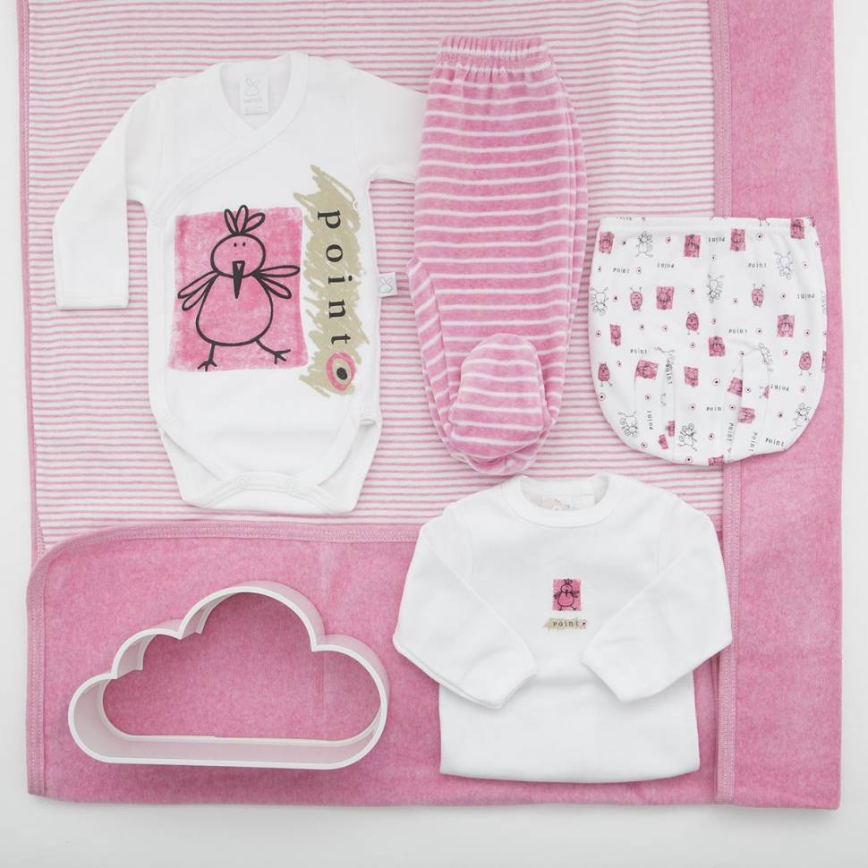 Pack de primera puesta para bebé de camiseta con ranita, body natal, pantalón de terciopelo y arrullo a juego. Modelo Max rosa