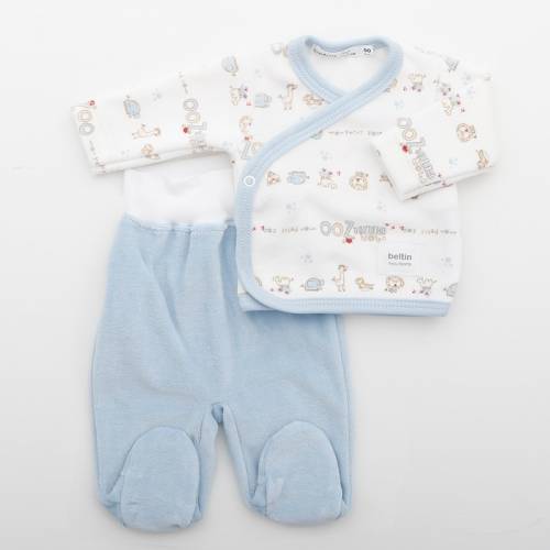Conjunto LEON AZUL Terciopelo para bebés Prematuro compuesto por jersey estampado con animales de la selva y pantalón liso.