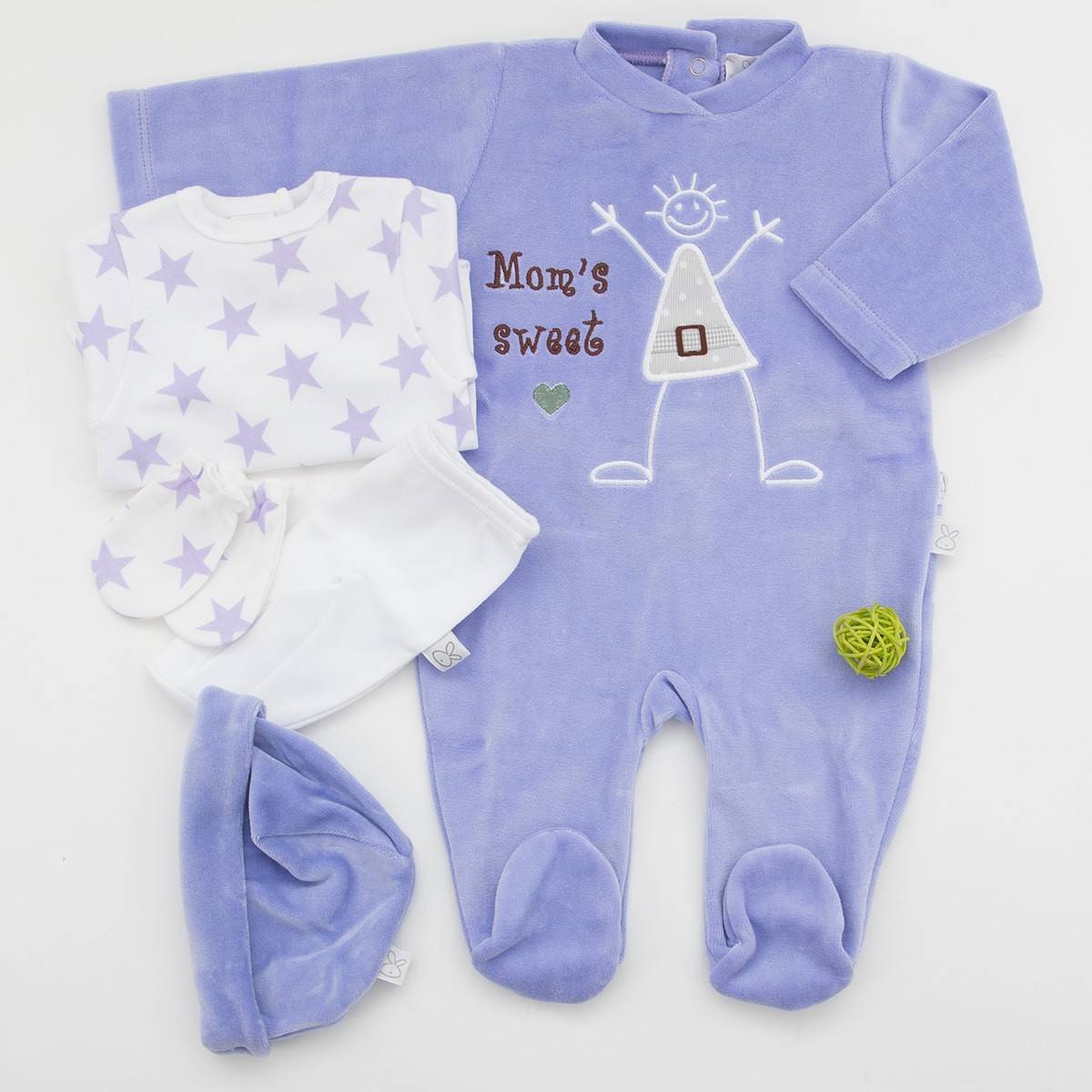 Pack de primera puesta para bebé con camiseta manga larga y ranita, manoplas y gorro a juego y pijama de terciopelo Epi