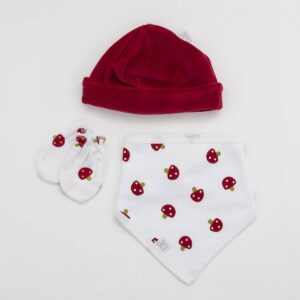 Pack de gorrito de terciopelo con bandana y manoplas modelo seta.