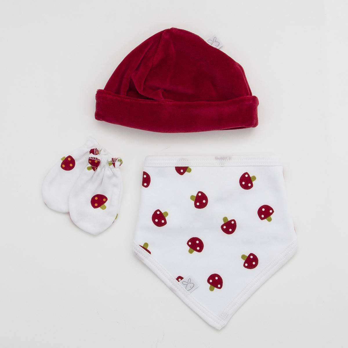 Pack de gorrito de terciopelo con bandana y manoplas modelo seta.