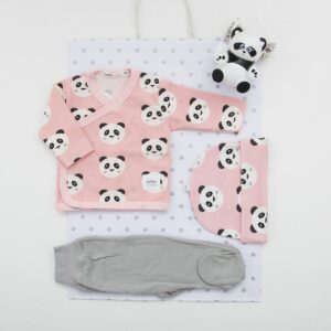Pack de primera puesta con gorrito a juego, cajita porta chupete y bolsa de regalo. Modelo Tomy rosa