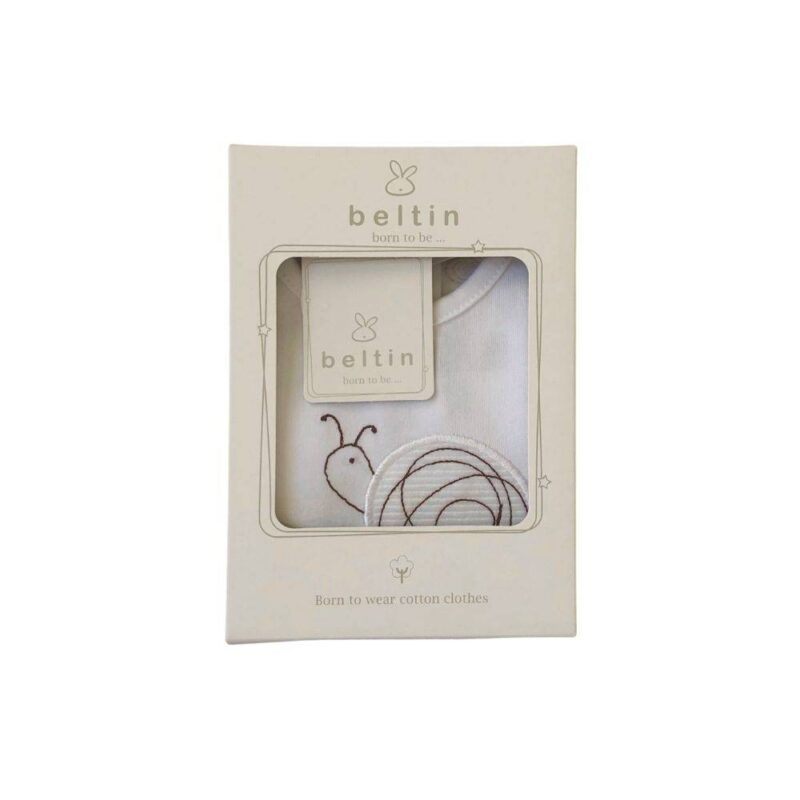 Pelele Cargol Beige presentado en caja para regalo